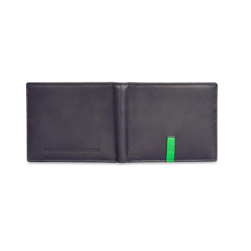 Image of United Colors of Benetton Men RFID Protected Derwent Slimfold Wallet - Navy+Green, No. of Card Slot: 8 | Tape Inlayed Slimfold Wallet with Side Closure | Leather
