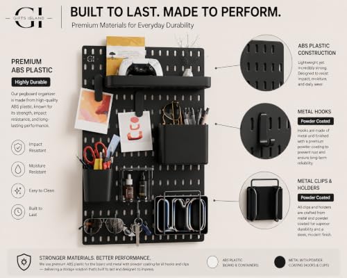 Image of Gifts Island Pegboard Wall Organiser Set with 1 Boards, 10 Accessories & Self-Adhesive Stickers, Customisable Storage System for Office, Kitchen, Pegboard Wall Hanging (10, Black)