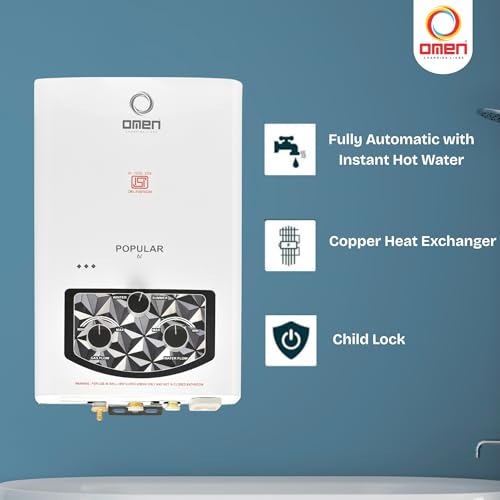Image of Omen Changing Lives Popular 6L Gas Water Heater | Instant LPG Gas Geyser | Wall Mounted | Auto Ignition | Flame & Water Control | Summer-Winter Mode | Copper Heat Exchanger | Bathroom & Kitchen