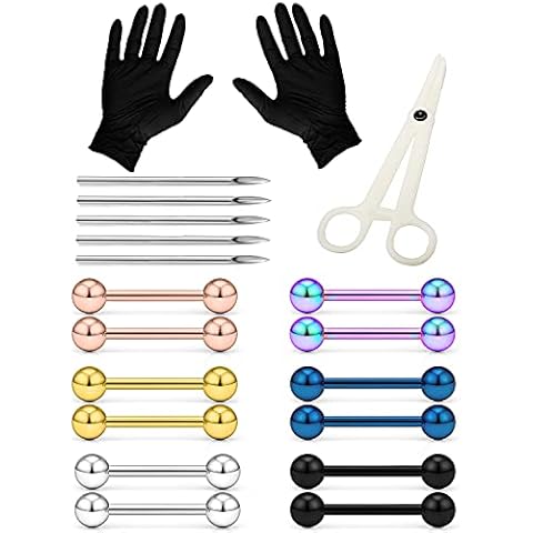 Heienngy Piercing Kit 14G Nipple Tongue Rings 16mm Surgical Stainless Steel Nipple/Tongue Piercing Jewelry kit 14 Gauge Piercing Needles Silver Black Rainbow Nipple ring tongue Ring For Women men Cover