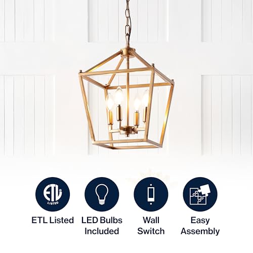 Image of JONATHAN Y Pagoda 4-Light Pendant 12 inch Cage, Antique Gold | Traditional Metal Farmhouse Hanging Lantern Ceiling Fixture, Adjustable Chain Link, For Kitchen Island, LED Bulb Included