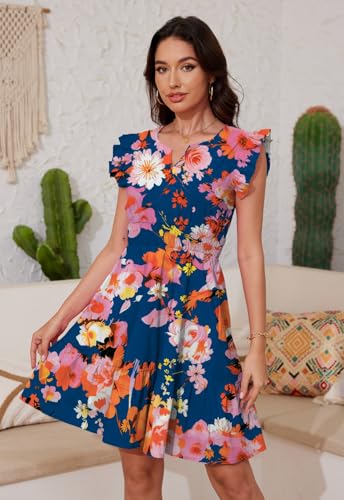 Image of Jayscreate Women's Ruffle Sleeve Layered Dress Pockets Elastic Waist 2025 V Neck Above Knee Summer Casual Cute Dress