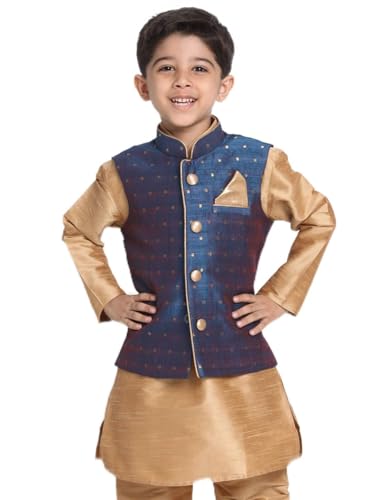 Image of JBN Creation Boys' Persian Blue and Rose Gold Silk Blend Nehru Jacket VASBJ009BU 22