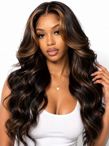 Image of Beauty Forever Bye Bye Slip Glueless Human Hair Wig for Black Women-Body Wave HD Lace Wig with Golden Brown Highlights,Pre Cut & Pre Plucked,Invisi Drawstring Secure Fit,7x5 Lace,150% Density 18inch