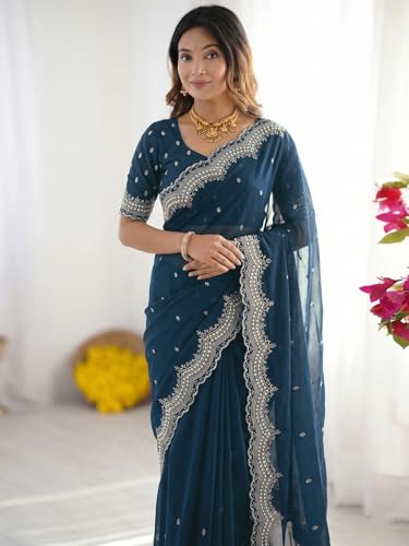 Image of SIRIL Women's Shimmer Georgette Scalloped Border Sequins Embroidery Saree with Unstitched Blouse Piece