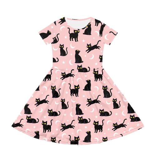Image of Girls Dress with Pockets Basic Short Sleeve High Waist Swing Skater Dress School Party Dress for Kids
