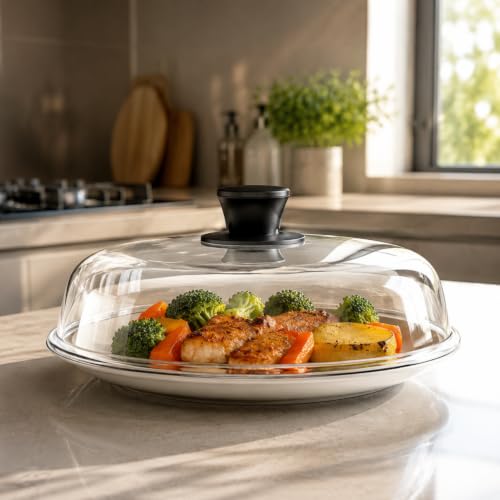 Tapa Microondas, 10 Pulgadas Tapa Microondas Cristal, Ideal Para Cocinas y Oficinas, Vidrio De Borosilicato, Transparente, Resistente Al Calor, Antisalpicaduras, Lavavajillas