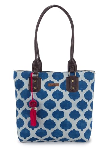 Image of NEPRI Office Pouch Tote Bag | Stylish Set of 2 Tote Bags for Women| Vegan Leather & Handblock Printed Fabric Handbag with Double Handle Shoulder Strap| Daily & Travel Use
