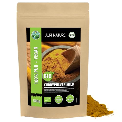 Curry en Polvo Orgánico Suave 500g de Alpi Nature, Premium Calidad Mezcla de Especias Indias, Polvo de Curry Suave, Especias Indias para Cocinar Pollo al Curry, Salsa de Curry y Curry Paste