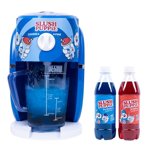 Fizz Creations SLUSH PUPPiE Snowcone Machine & Syrups Bundle. Home Countertop SLUSH PUPPY Maker. Includes 500ml Blue Raspberry Syrup & 500ml Strawberry Syrup Gift Set. Glycerol Free