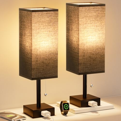 Fenmzee Black Table Lamps for Bedroom Set of 2 - Nightstand Lamp with AC Outlet Charging Port, 3 Color Temperatures Desk Light with Bulb, Small Tabletop Reading Lamp for Living Room/Dorm/Office