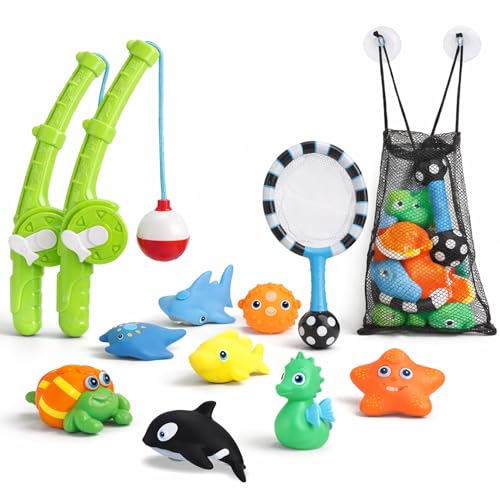 Magnetic Toddler Bath Toys - Kids Fishing Pool Game Set of 2 Fishing Poles, 8 Rubber Sea Animals, & Net - Water Toys with Mesh Organizer Bag