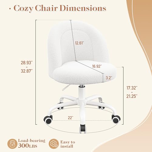 Image of DurayLoly Vanity Chair, Soft Teddy Fleece Makeup Chair with Silent Wheels, Height Adjustable & 360 Swivel, Space-Saving Armless Design, Cream White