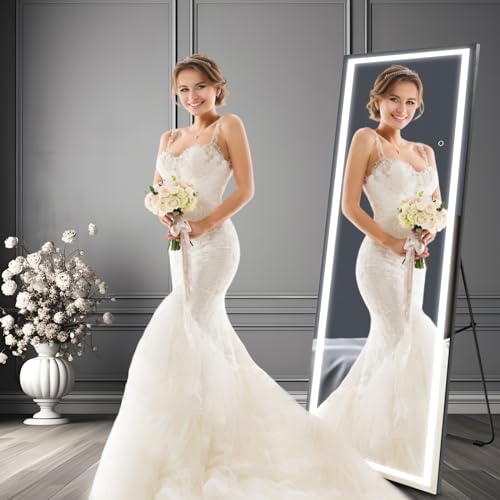 Image of Pertetey 75x28 Inch LED Full Length Mirror with Lights, White Frame Dimmable & 3 Color Modes Floor & Wall Mounted Long Mirror