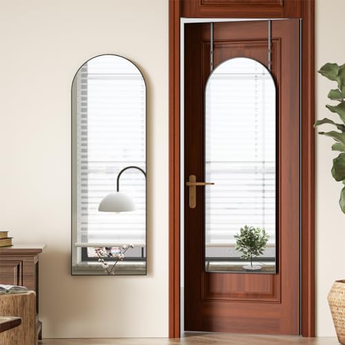 Image of BEAUTYPEAK Arched Full Length Over The Door Mirror 14 inch x 48 inch, Shatterproof Tempered Glass and Aluminum Alloy Frame, No-Drilling Hanging or Wall Mount, Full Body Mirror for Bedroom, Dorm, Black