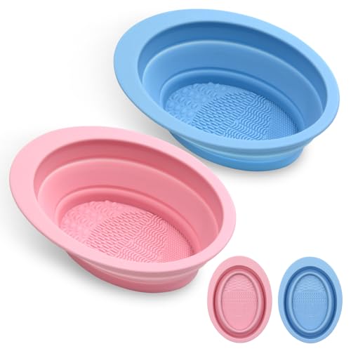 2Pcs Foldable Silicone Makeup Brush Cleaner Bowl - Portable Cosmetic Brush Cleaning Tool for Makeup Brushes Powder Puffs and Sponges Deep Clean Brush Washer for Travel and Home Use (Pink Blue)