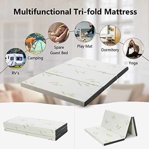 Giantex Folding Mattress Queen, 3” Tri-Fold Memory Foam Mattress, Foldable Mattress Topper W/Soft Bamboo Cover, Portable Mattress W/Carrying Bag For Rv Camping Guest Bed, Certipur-Us Certified (Queen) #TOP4