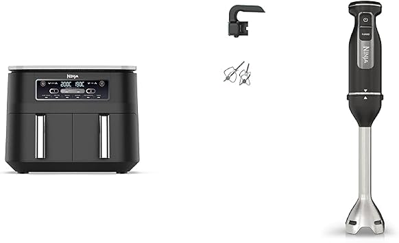 Ninja Foodi Dual Zone Digital Air Fryer, 2 Drawers, 7.6L, 6-in-1, Uses No Oil, Air Fry, Max Crisp & Foodi 2-in-1 Hand Blender & Hand Mixer, Food Processor with 2 Attachments, 850W Powerbase