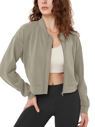 ODODOS Modal Soft Full-Zip Bomber Jacket for Women Long Sleeve Casual Fall Outfit Crop Top with Pockets Khaki Small