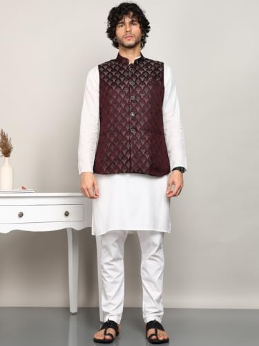 Image of Amazon Brand - Tavasya Mens Diamond Motif Pattern Nehru Jacket | Traditional | Festive & Ethnic Wear | Modi Waist Coat | Regular Fit