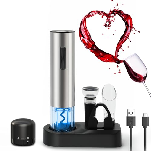 ZOYIDOUX Abridor de vino eléctrico recargable 7 en 1 de acero inoxidable Juego de regalo,Sacacorchos eléctrico con base,Cortador,Tapón de vacío de silicona,Tapón para vino,Vertedor,Línea USB