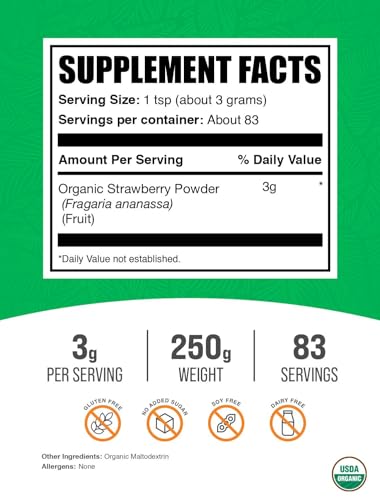 Image of BulkSupplements.com Organic Strawberry Powder - Fruit Powder from Organic Strawberries - No Sugar Added & Gluten Free, 3g per Serving, 250g (8.8 oz) (Pack of 1)