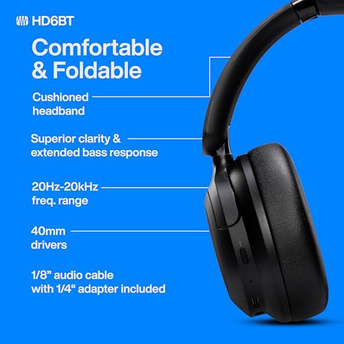 Image of PreSonus Eris HD6BT - Over-Ear Closed-Back Wireless Headphones, Bluetooth, ANC Noise Cancelling, Up to 60 Hours Battery Life, Studio Headphones for Mixing, Monitoring, Recording, Eclipse Black