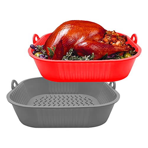 2Pcs Air Fryer Silicone Liners, 8Inch Reusable Food Grade Silicone Air Fryer Baking Tray Basket Accessories Replacement Of Flammable Disposable Parchment Paper Fit 4-7Qt Airfryer（Red +Grey） #TOP4