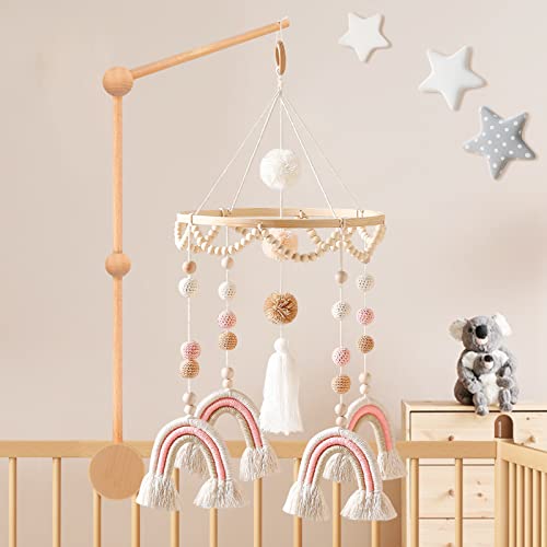 Image of Abnilxt Mobile for Crib,Boho Baby Handmade Rainbow Mobile,Neutral Crib Mobile,Macrame Kids Room Nursery Decor,Newborn First Gift Multi-Color Rainbow-pale pink