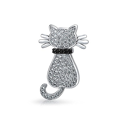White Pave Cz Sitting Cat Kitty Kitten Pet Pave Cubic Zirconia Brooch Pin For Women Rhodium Plated Brass #TOP15