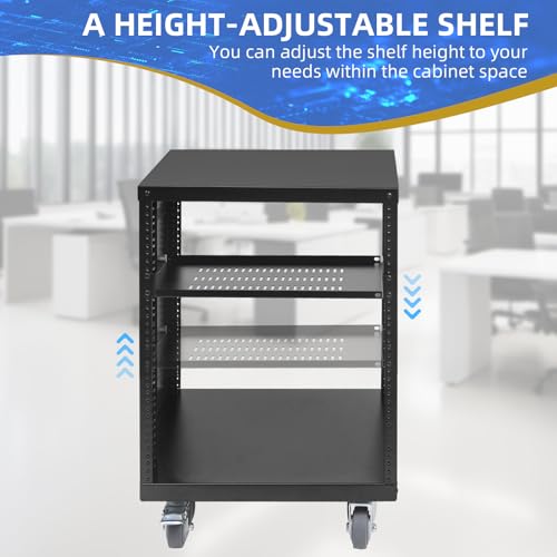 12U Rack with Caster Wheels, Heavy-Duty AV Rack with Adjustable Steel Shelf, Open Frame Server Rack for IT, AV, Data & Computer Equipment, 500lb Capacity, 19.7\" W x 17.7\" D x 26.8\" H