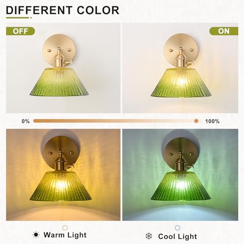 Image of Wall Sconces Set of Two Hardwired, Vintage Wall Light with Gradient Green Glass Lampshade, Bathroom Wall Sconces with Switch, Gold Wall Light Wall Decor Set of 2