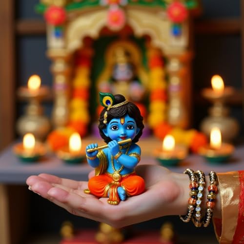 Image of UNOVATE Krishna Statue for Car Dashboard, Home Temple & Office Desk Decor. Krishna Idol for Pooja | (Blue Colour)