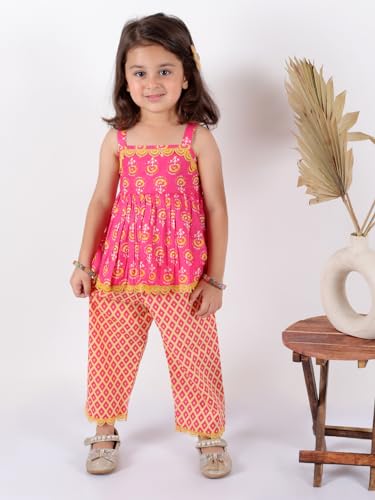 Baby Girl's Sanganeri Printed Sleeveless Cotton Top With Straight Pant Dress Clothing Set2