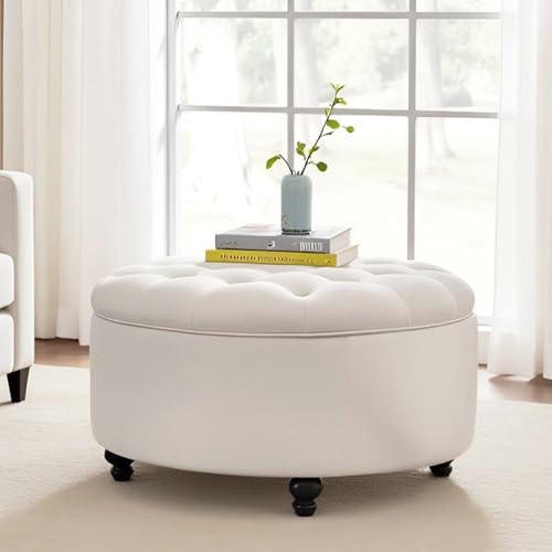 HUIMO 30-Inch Round Storage Ottoman, Modern Button Tufted Coffee Table