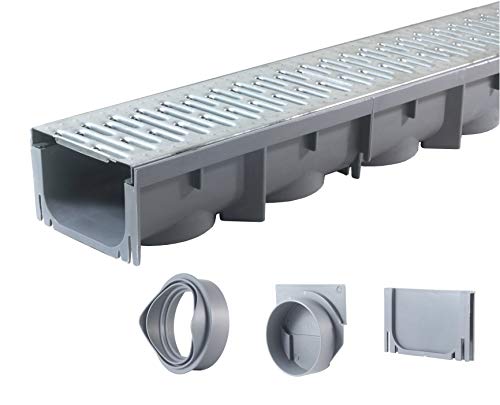 Image of URA WATER - Model UA-100 - Drainage Trench Set - Channel Drain With Galvanized Steel Grate - 1 x 39 inch Long