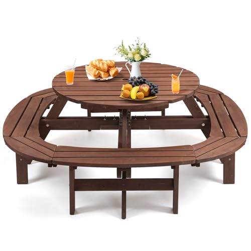 Zevemomo Wood Picnic Table for 10-12 People, Round Top with Umbrella Hole, 4 Built-in Curved Benches, 2220LBS Capacity for Patios & Backyards, Brown