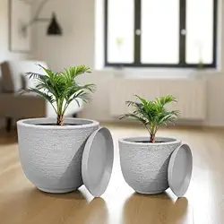 Kit 02 Vasos para Plantas Flor Casa Jardim Sala Bojo Escovado N1 e N2 com prato coletor (Cinza)