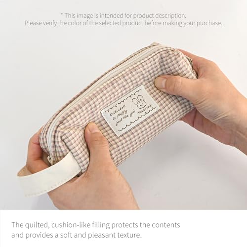 Image of Monolike Unmatched Friends Fabric Check Block Pencil Case, Vintage sky - Aesthetic Gingham Pastel Desk Organizer, Soft Padded Makeup Brush Case, Trendy Minimalist Stationery Pouch