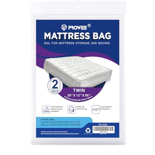 PROWEE 2 Pack Twin Mattress Bags for Moving, Waterproof & Tear-Resistant Plastic Mattress Bag for Storage, Disposal & Moving Supplies