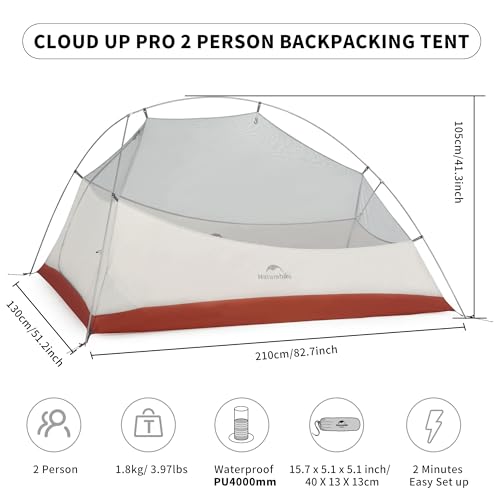 Image of Naturehike Cloud-Up 2 Person Tent Lightweight Backpacking Tent with Footprint - Free Standing Ultralight Camping Hiking Backpack Tents Two Person Tent