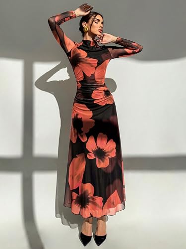 Image of Women's Bodycon Maxi Dress Fall Spring Fashion Long Sleeve Floral Print Tight Fitted Party Club Ruched Dresses
