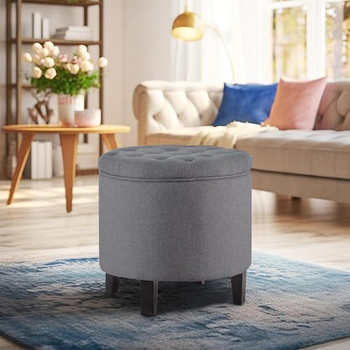 BELLEZE Modern Tufted Accent Storage Ottoman, Small Upholstered Button Circle Pouf Footstool with Lift Top, for Bedroom Living Room Vanity - Gray
