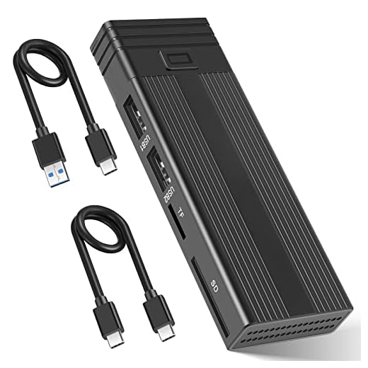 NVMe M.2 Enclosure & USB Hub 2 in 1, USB C 3.2 Gen2 10Gbps Supports M.2 NVME PCIe M-Key B+M Key Tool-Free Hard Drive Enclosure with 2 USB Port SD/TF Card Reader for 2242/2260/2280 SSD (Black)