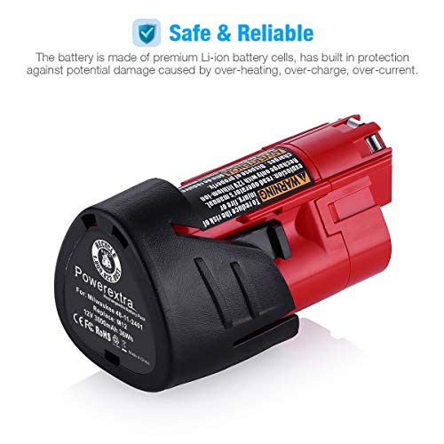 Powerextra 2 Pack 12V 3000Mah Lithium-Ion Replacement Battery Compatible With Milwaukee M12 48-11-2411 48-11-2420 48-11-2401 48-11-2402 48-11-2401 12-Volt M12 Cordless Tools #TOP4