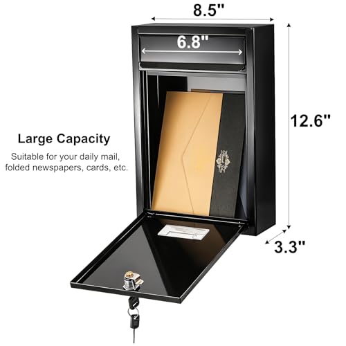 DEAYOU Wall Mount Mailbox, Steel Cover Metal Drop Box, Mail Box with Key Lock, Dropbox with Slot for Envelope, Home, Outside, Office Business, Decor, 12.6" H x 8.5" L x 3.3" W, Black