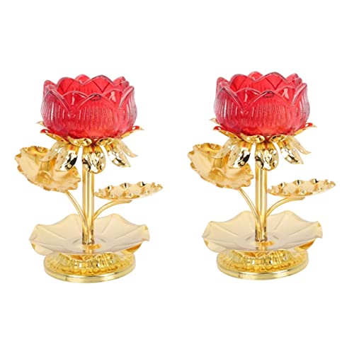 OSALADI Votive Candle Holders Terrarium 2pcs Lotus Candlestick Table Trays Decorative Glass Candle Cup Delicate Candle Stand Zinc Alloy Red Water Cup Household Vintage Decor