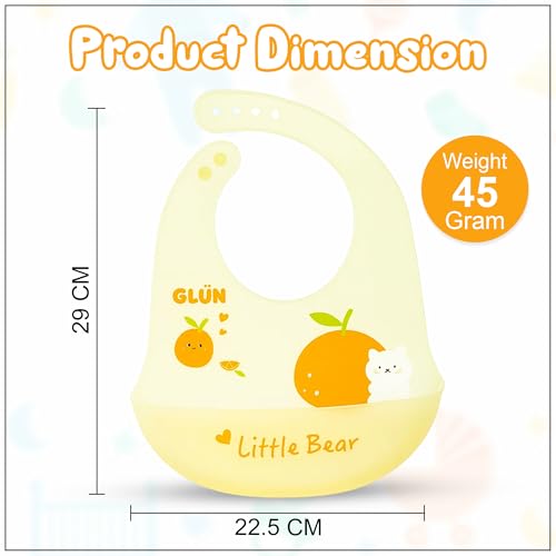 Image of GLUN Pack of 2 Soft Feeding Bibs with Bowl, Cute Oranges Print for Growing Champs, Easily Wipes Clean, Comfortable Soft Baby Bibs, Less Time Cleaning after Meals for Babies