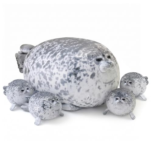SQEQE Chubby Seal Pillow Plush with 4 Baby Seal Plushies in Her Tummy, Stuffed Cotton Plush Animal Toy Gift for Kids