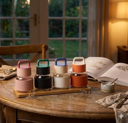 Image of Aesthetic Mini Glass Water Bottle with Handle Set Of 2, 300ml Handle & Protective Faux Leather Sleeve, Travel Tumbler for Coffee, Tea, & Juice, Leak-Proof, Pocket Bottle for School, Office -Multicolor